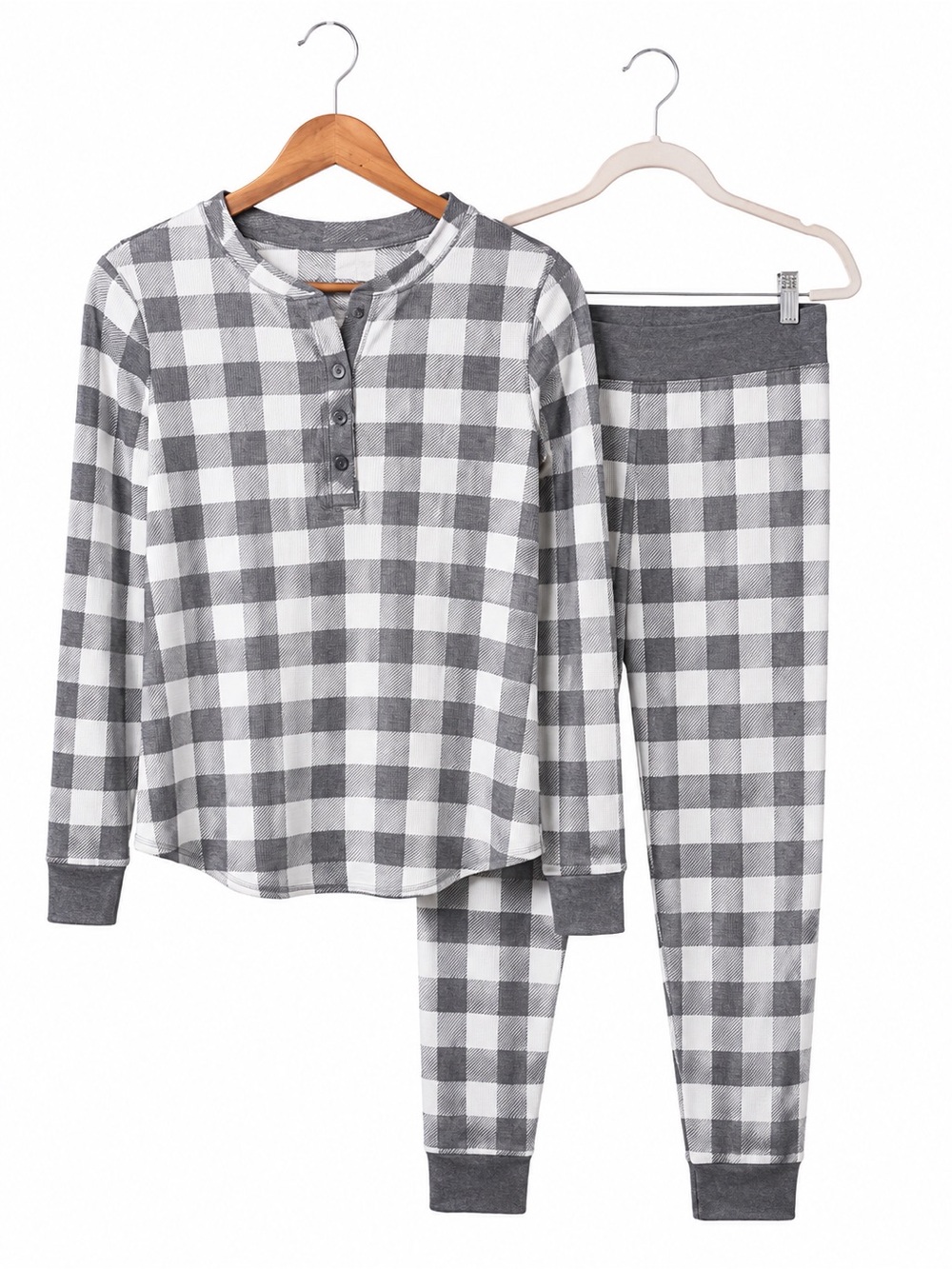 Women's Gray Buffalo Check Henley Pajama Set